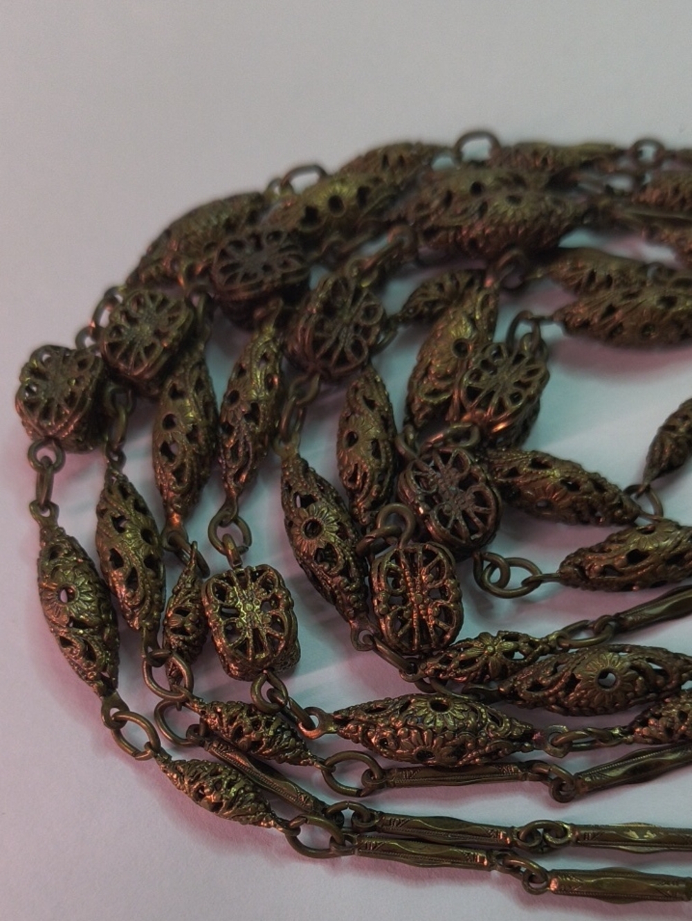 Antique 1920s Art Deco Brass Filigree Sautoir Chain 68" Endless Flapper Necklace